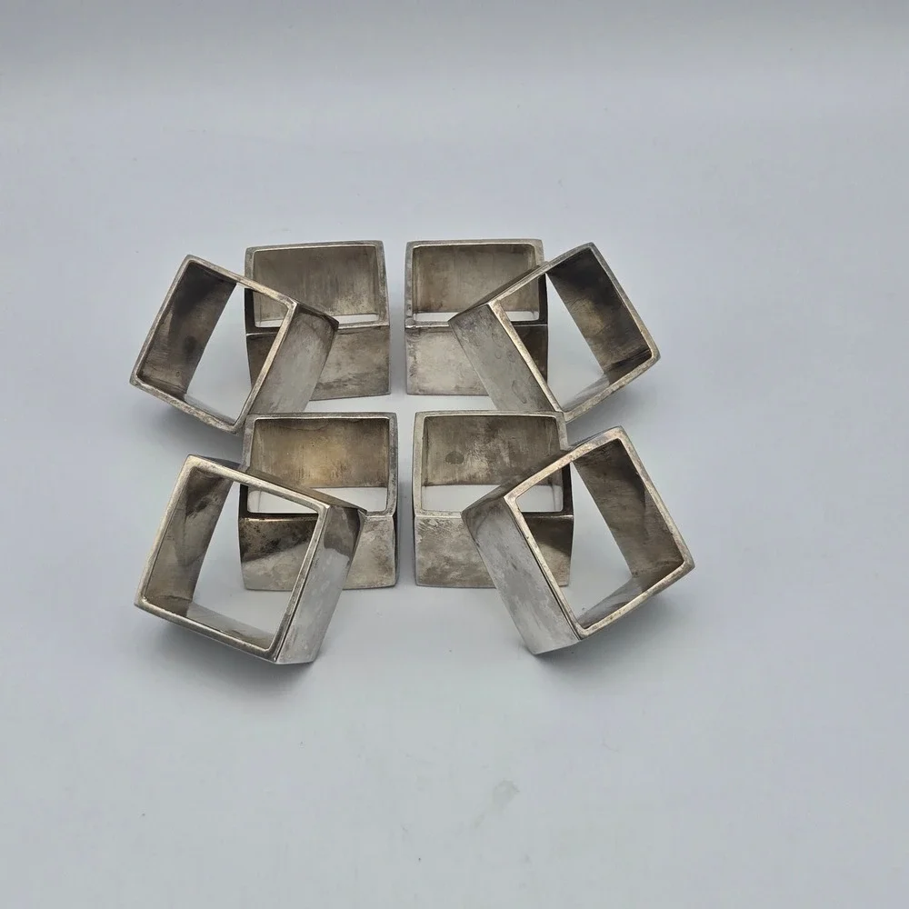 Pottery Barn Silverplate Square Napkin Rings Set of 8 Modernist Contemporary